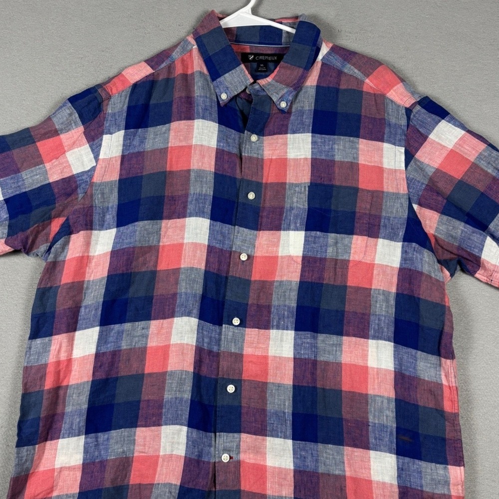 Cremieux Linen Short Sleeve Button Down Plaid Shirt XL Pink Blue White - Picture 2 of 9